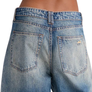 Jean en denim délavé pour femme, taille mi-haute, coupe droite, détails déchirés, style streetwear décontracté, coupe ample, bleu, pantalon tendance - Product Image 4