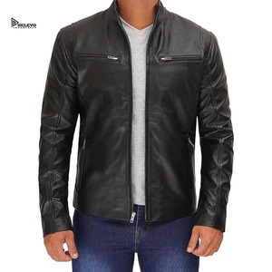 Veste moto en cuir PU noir pour homme Relevo Industries, col montant, fermeture éclair, coupe ajustée, couleur unie, vêtements d'automne pour homme - Product Image 1