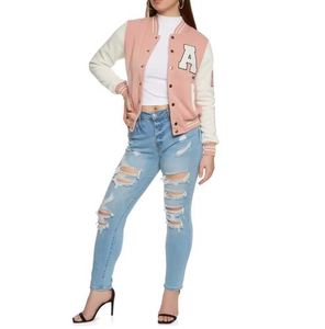 Veste universitaire rose pour femme, col rabattu décontracté, matière polaire, vêtement d'automne unisexe, coupe régulière, fermeture éclair - Product Image 5