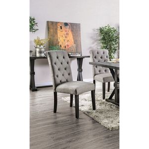 Set di 2 Sedie da Pranzo Classiche Antiche Nere/Grigio Chiaro, Rivestite in Tessuto di Lino Trapuntato a 2 Bottoni, con Schienale a Spirale e Gambe in Legno Massello - Product Image 5