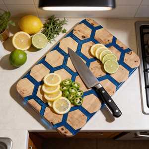 Planche à découper en bois personnalisée artisanale, planche à découper en bois de peuplier et résine époxy, planche à fromage artisanale pour la cuisine - Product Image 1