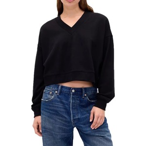 Sudadera Corta de Felpa Francesa con Cuello en V para Mujer, Sudadera Holgada de Algodón de Alta Calidad con Hombros Caídos - Product Image 1