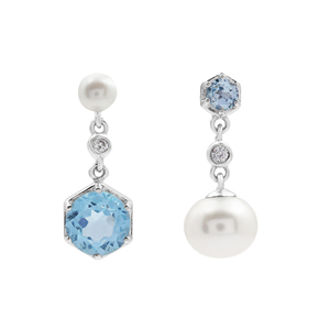 Pendientes colgantes de plata de ley 925 100% pura con topacio azul hexagonal, perla y engaste de diamantes, joyería fina clásica para mujer - Product Image 1