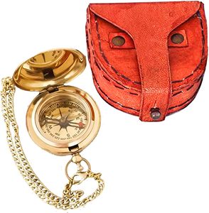 Boussole de poche en laiton plaqué or avec épingle métallique, design antique poli, étui en cuir et chaîne pour la randonnée, le camping et les cadeaux - Product Image 4