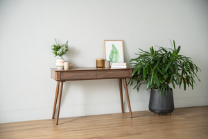 Premium <b>Walnut</b> Colour Small Console <b>Table</b> Entryway <b>Table</b> in 2 Drawers Storage with Round Corner for Apartment Bedroom Use - Product Image 5