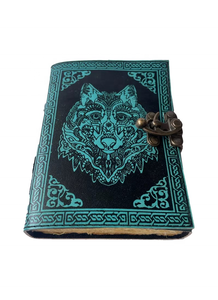 Diario de Cuero Genuino con Estampado de Cara de Lobo Azul y Negro Turquesa, Libro Antiguo Recargable, Diario de Viaje, Cuaderno - Product Image 1