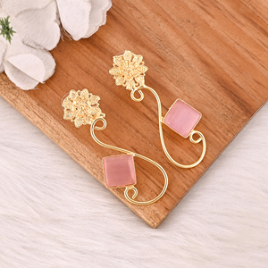 Elegant <b>Pink</b> Cat's Eye Gemstone Earrings Gold Plated Designer Brass Fashion Jewelry for Women - Product Image 4