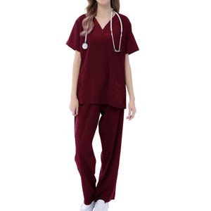 Conjunto de uniforme médico unisex Harry Johnson color borgoña: blusa con cuello en V y pantalones con cordón y bolsillos, con detección de agujas y fusión sin costuras. - Product Image 2