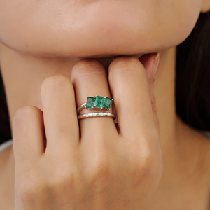 Stunning 925 Sterling <b>Silver</b> Three Stone <b>Emerald</b> Double Layer Fine <b>Ring</b> Jewelry Party Wear Accessories - Product Image 2