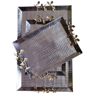 Best Quality Hammered Stainless Steel Rectangular <b>Tray</b> With Leaf Handle Perfect For Serving <b>Snacks</b> Sweets In Greatest Price - Product Image 2