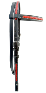 Cabezada de cuero negro para caballo con frontal trenzado rojo y herrajes plateados, pieza de brida ecuestre ajustable. - Product Image 4
