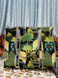 Black Green Botanical Quilted Cotton <b>Boho</b> Tote <b>Bag</b> with Drawstring Closure Large Size for Women's Travel & Market Use - Product Image 4