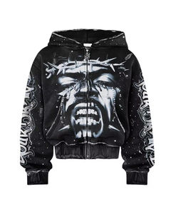 Sudadera con capucha 100% algodón con cremallera de un cuarto, efecto vintage deslavado al ácido y desgastado por el sol, con logotipo personalizado y pedrería, 360 g/m², conjunto de sudadera con capucha - Product Image 2