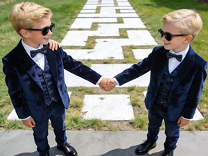 Conjunto de Traje de 3 Piezas de Terciopelo Azul Marino para Niños |   Traje de boda para niños con chaleco y corbatín |   Traje Formal para Niños - Product Image 2