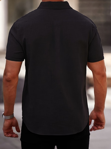Customized Brand Men's Navy Blue Short Sleeve Cotton Shirt Solid Casual Button Woven Fabric Summer Style 120g Button Collar - Product Image 3