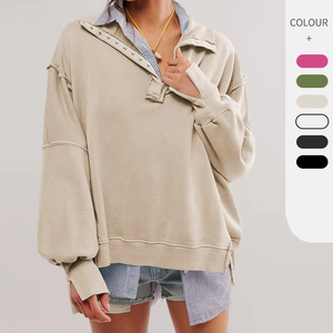 Sudadera de punto rosa oversize para mujer con cuello abotonado y detalles de remaches, hombros caídos, manga larga, ropa casual de otoño - Product Image 2