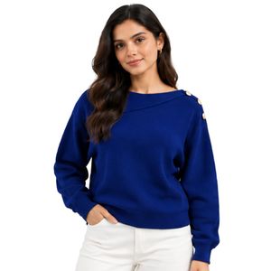 Suéter de Punto Azul Rey para Mujer, con Botones Dorados en el Hombro, Cuello Asimétrico, Manga Larga, Estilo Casual para Otoño e Invierno - Product Image 1