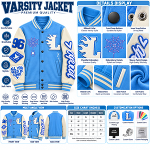 Chaqueta Varsity para Hombre, Azul y Blanca, con Letras Bordadas, Cierre de Botones a Presión, Cuello Alto, Chaqueta de Béisbol Unisex, Chaqueta Universitaria - Product Image 6