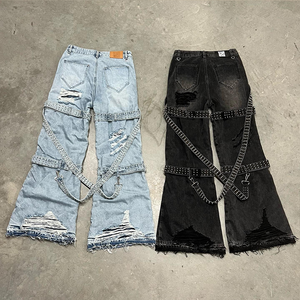Punk Style Distressed Flare <b>Jeans</b> <b>With</b> Rivet Straps High <b>Waist</b> Loose Fit Full Length Women's Pants Spring Casual Wear - Product Image 4