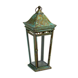 Iron <b>Lantern</b> With Blue Embossed Glass Panels Intricate Cutout Design Handmade Home Decoration <b>Candle</b> Holder - Product Image 6