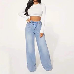 Jeans en denim à jambe droite pour femmes de haute qualité, pantalon décontracté à jambes larges avec design cargo noir, de haute qualité pour femmes - Product Image 1