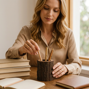 Handmade Collection Wooden Pen Holder Natural Tree Bark Finish for Desk Organization Eco-Friendly Office Supply Pencil Cup Model - Product Image 1