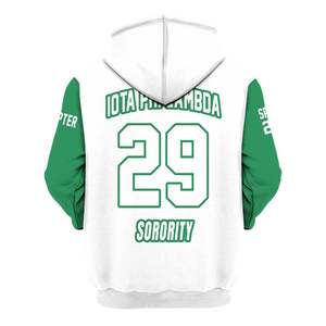 Sweat-shirt à capuche Iota Phi Lambda Sorority, corps blanc, manches vert émeraude, sweat-shirt personnalisé chapitre 1929 pour femmes - Product Image 6