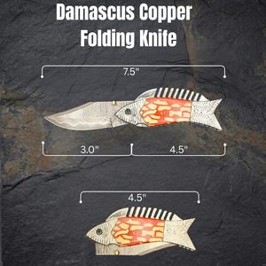 Handmade <b>Copper</b> Damascus Steel Hunting/Fishing/Camping Multi-Functional Folding Pocket Knife Steel Engraved Orange Yellow Resin - Product Image 3