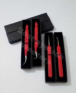 Pince à épiler de précision en acier inoxydable, revêtement rouge, courbe en crochet à 90 degrés, isolation pour extensions de cils, boîte personnalisée avec logo - Product Image 4