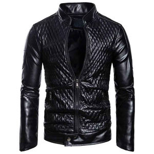 Blouson moto en cuir PU noir pour homme, col montant, fermeture éclair, design matelassé, coupe ajustée, coupe-vent, pour l'automne - Product Image 1