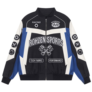Racing Track Full Zip Motorsport <b>Bomber</b> <b>Jacket</b> Embroidered Patch Windproof Streetwear Team Sports Custom Design % Cotton - Product Image 1