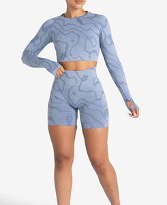 High Quality Women's Solid <b>Blue</b> 2-Piece Yoga Set Full Sleeve <b>Crop</b> <b>Top</b> High Waist Shorts Front Printed Spandex Polyester - Product Image 1
