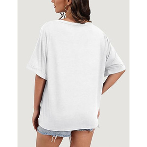 Women <b>V</b>-<b>Neck</b> Loose Fit White Cotton <b>T</b>-<b>Shirt</b> With Pocket Casual Short Sleeve Top Spring Summer Style - Product Image 2