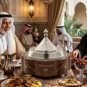 Olla Térmica de Lujo Royal Khaleeji, Base de Madera Natural Hecha a Mano con Incrustaciones de Madreperla y Tapa de Tajín de Acero Inoxidable - Product Image 5