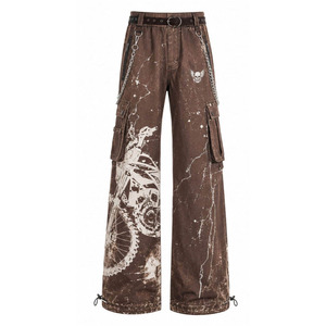 Pantalon cargo unisexe surdimensionné personnalisé avec motif graphique, motif craquelé effet éclaboussures de peinture marron café, illustration moto, multi-poches - Product Image 6