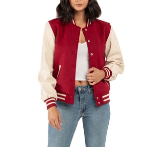 แจ็คเก็ตวาร์ซิตี้ผู้หญิงแบบสั่งทำ ระบายอากาศได้ดี ตัวเสื้อผสมขนสัตว์ แขนหนัง PU คอริบ แจ็คเก็ตเบสบอลสไตล์วิทยาลัย รับผลิตแบบ OEM ขายส่ง - Product Image 2