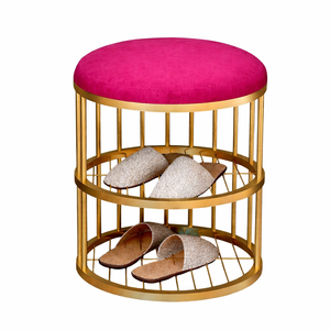 Pouf ottoman de luxe en métal avec coussin en velours, finition dorée, rond, avec rangement, pour salon, chambre, hôtel - Product Image 1