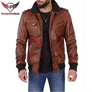 Veste en cuir véritable marron pour homme avec capuche amovible, fermeture éclair, poches poitrine, en peau de mouton, style motard, couleur cognac, personnalisable, cargo, hiver - Product Image 3