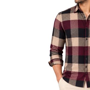 Chemise à manches longues pour homme en coton à carreaux Buffalo bordeaux, noir et beige, décontractée, boutonnée, personnalisable, vente en gros - Product Image 3