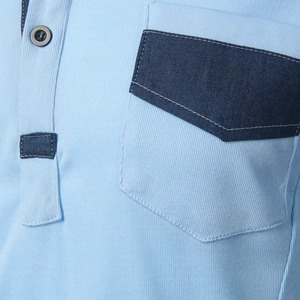 <b>Men's</b> Light Blue Short Sleeve <b>Polo</b> <b>Shirt</b> With <b>Pocket</b> Color Blocked Casual Woven Oxford Fabric Regular Fit - Product Image 3