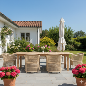 Table de jardin extérieure en teck massif, rectangulaire, résistante aux intempéries, pliable, moderne, doublement extensible - Product Image 1