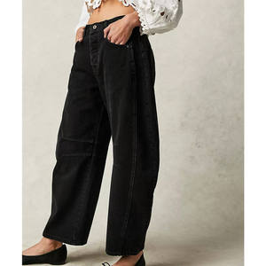 Jean en denim délavé noir pour femme avec strass, ourlet à cordon de serrage, coupe large et droite, style streetwear décontracté - Product Image 2