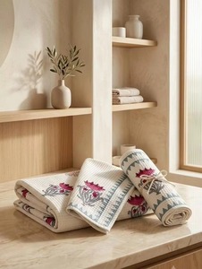 Stylish Cotton Waffle <b>Towel</b> <b>Set</b> 2 Hand 1 <b>Bath</b> <b>Towels</b> Leaf Embroidery Hand Block Printed Absorbent Custom - Product Image 1