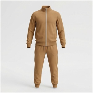 Ensemble de survêtement pour homme, couleur camel, manches longues, col montant, fermeture éclair sur le devant, couleur unie, respirant, coupe décontractée, vêtements d'automne - Product Image 1