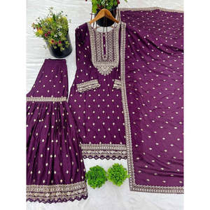 Salwar Kameez de Algodón de Diseño, Top Elegante para Fiesta con Dupatta y Sharara Completamente Cosida para Ocasiones Especiales - Product Image 3