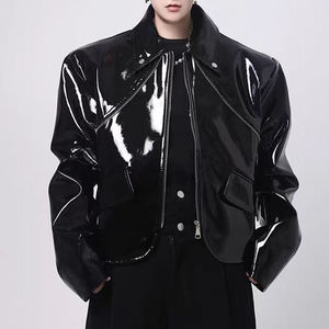 <b>Men's</b> Black PU Leather Bomber <b>Jacket</b> Moto Style Turn-down Collar Zipper Closure Solid Color Regular Length Loose Fit - Product Image 5