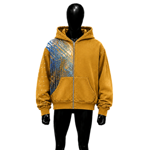 NOUVEAU SWEAT À CAPUQUE JAUNE DE QUALITÉ AVEC PANNEAU GRAPHIQUE BLEU, DESIGN OVERSIZE, IMPRESSION PAR SUBLIMATION, POLYESTER, TISSU ÉTAMPE FRANÇAISE, AUTOMNE - Product Image 1