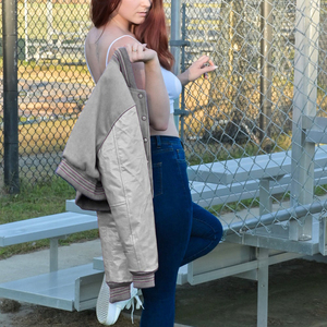 Womens Varsity Crop <b>Jacket</b> Grey <b>Silver</b> Letterman Style Bomber Coat Faux Leather Sleeves Casual Outerwear Ladies Fashion Street - Product Image 4