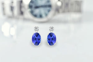 สินค้ามาใหม่ 2026 ต่างหูเพชรและแทนซาไนต์ทรงรีขนาด 7x5 มม. ทองคำขาว 14k แท้ ดีไซน์หรูหรา ของขวัญวันสตรีที่สมบูรณ์แบบ - Product Image 2