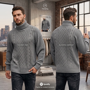 Pull à col roulé en tricot gris pour homme, épais, motif géométrique, manches régulières, longueur intégrale, matière acrylique - Product Image 4
